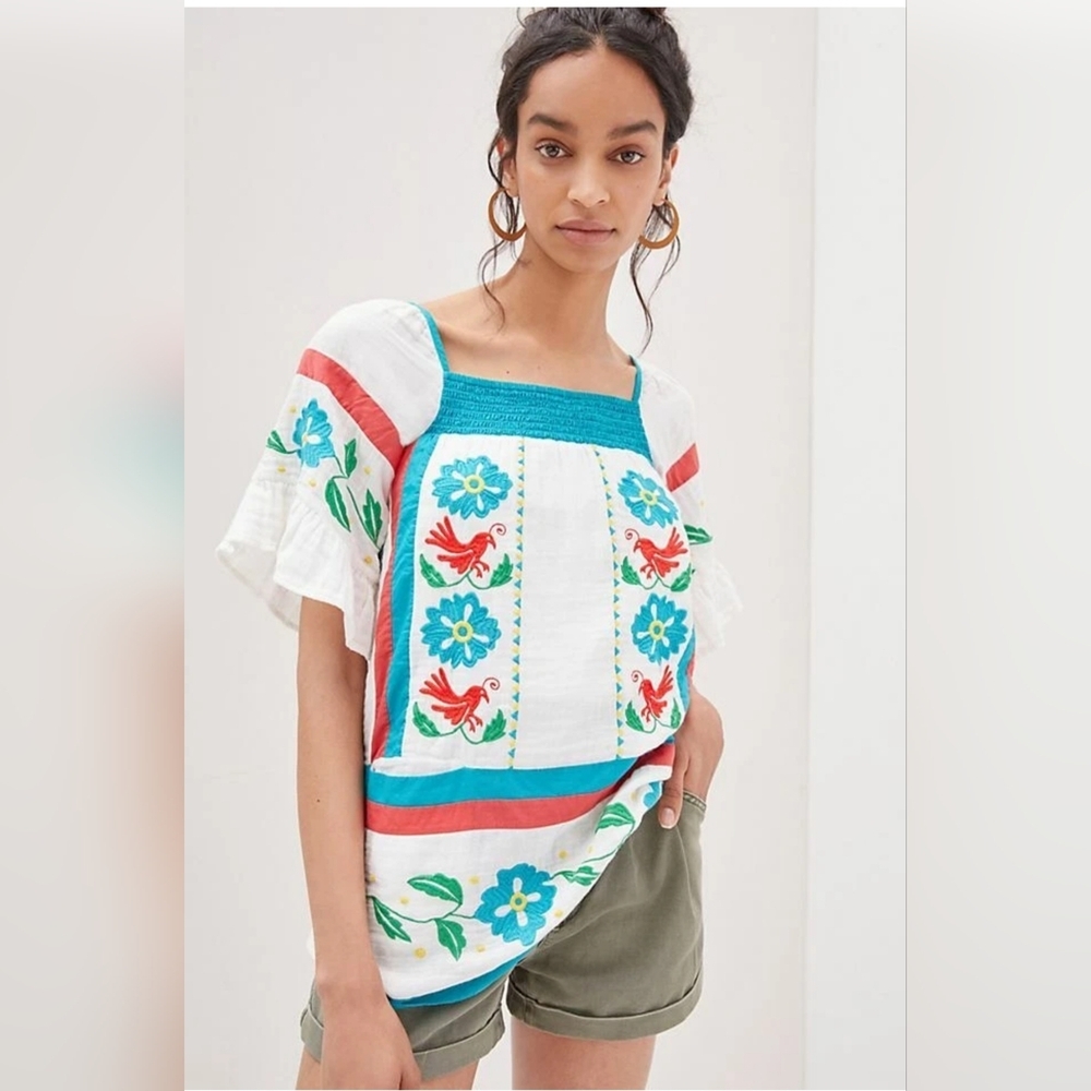 Anthropologie Seen Worn Kept Gauze  Embroidered Tunic Blouse White Blue Size 2